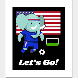 ⚽ USA Soccer, Cute Elephant Scores a Goal, Let's Go! Team Spirit Posters and Art